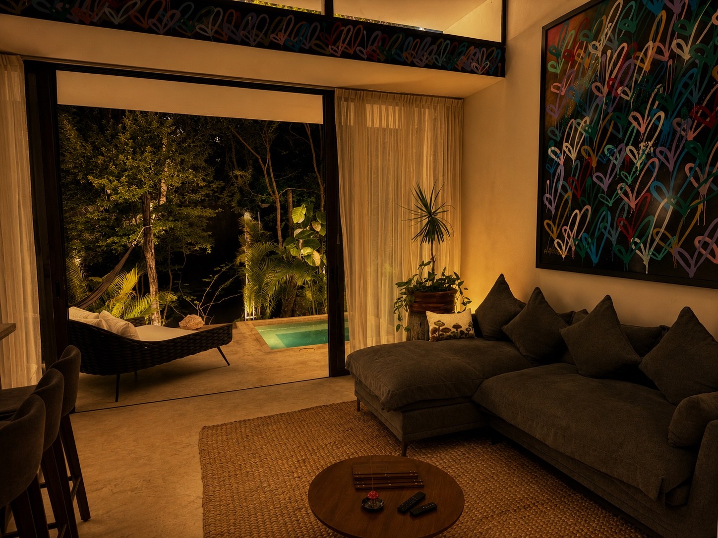 Living room, patio and plunge pool