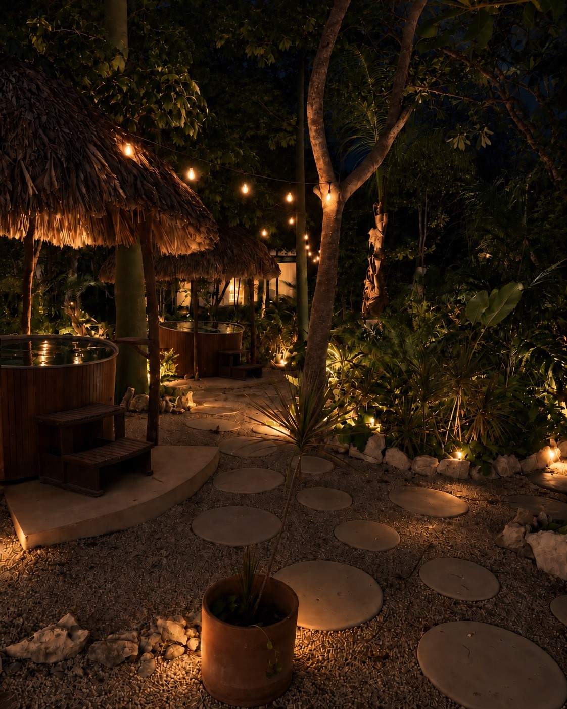 Hot tubs in the illuminated garden